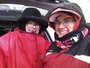 Lisa and son keeping warm after NIU football game